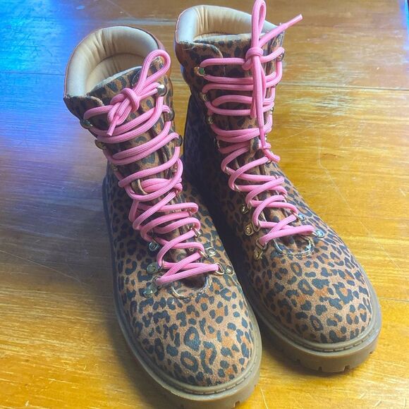 Loft Cheetah Hiker Combat Work Brown Pink Lace Up Ankle Boots Size 8.5 - Picture 1 of 9